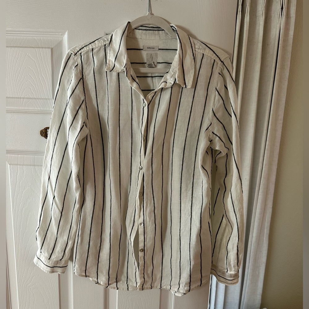 Joie off-white Button-Down Shirt with dark gray Vertical Stripes